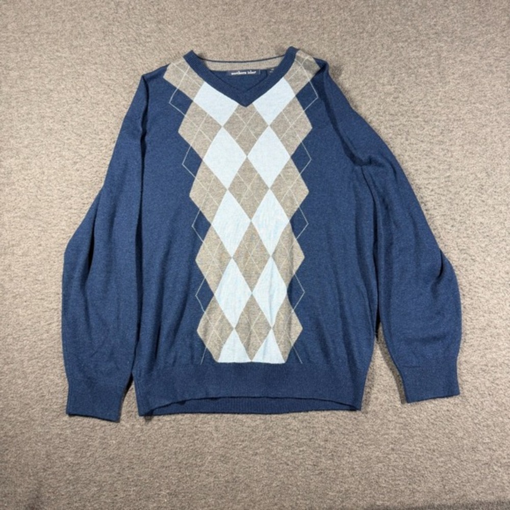 Northern Isles Silk And Cashmere Blend Argyle‎ Sweater Men's Large Navy
